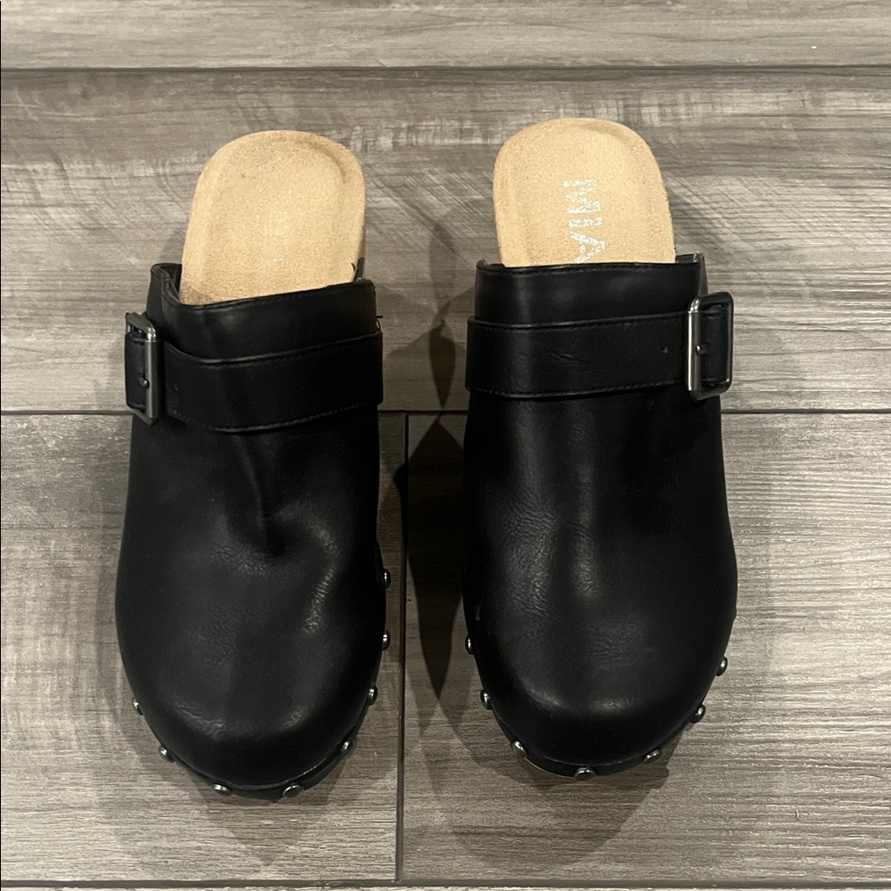 MIA Black Leather Clogs with Buckle